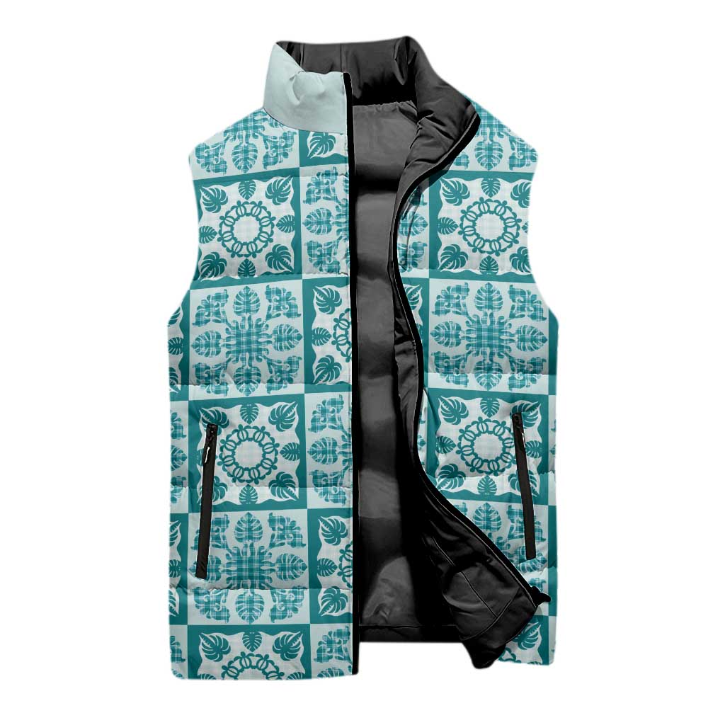 Cyan Palaka Quilt Hawaii Sleeveless Puffer Jacket Hawaiian Tropical Monstera Sea Turtle LT14 - Polynesian Pride