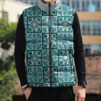 Cyan Palaka Quilt Hawaii Sleeveless Puffer Jacket Hawaiian Tropical Monstera Sea Turtle LT14 - Polynesian Pride