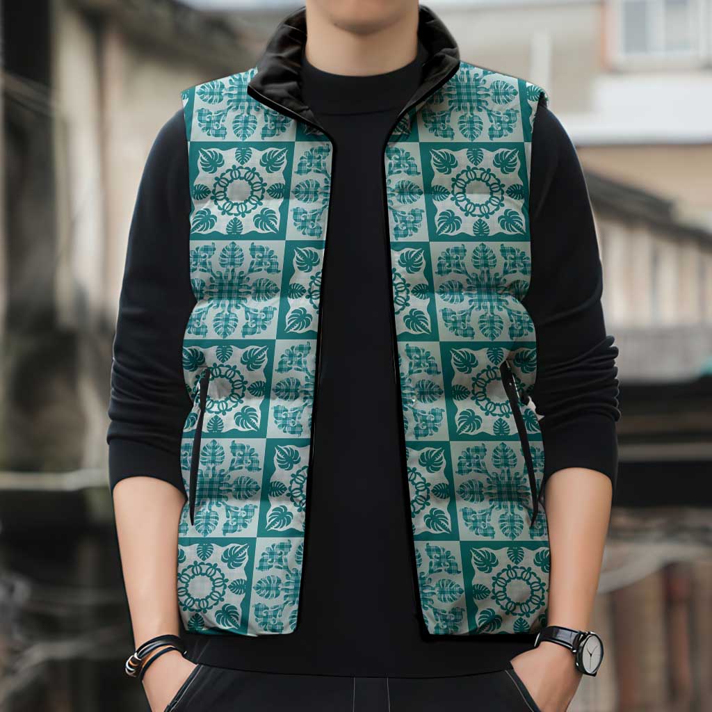 Cyan Palaka Quilt Hawaii Sleeveless Puffer Jacket Hawaiian Tropical Monstera Sea Turtle LT14 - Polynesian Pride