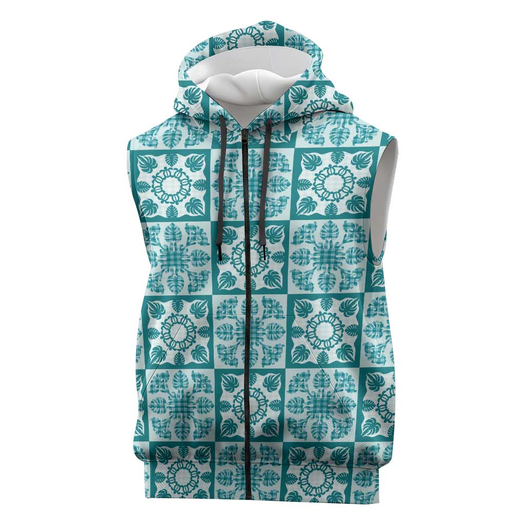Cyan Palaka Quilt Hawaii Sleeveless Zip Hoodie Hawaiian Tropical Monstera Sea Turtle