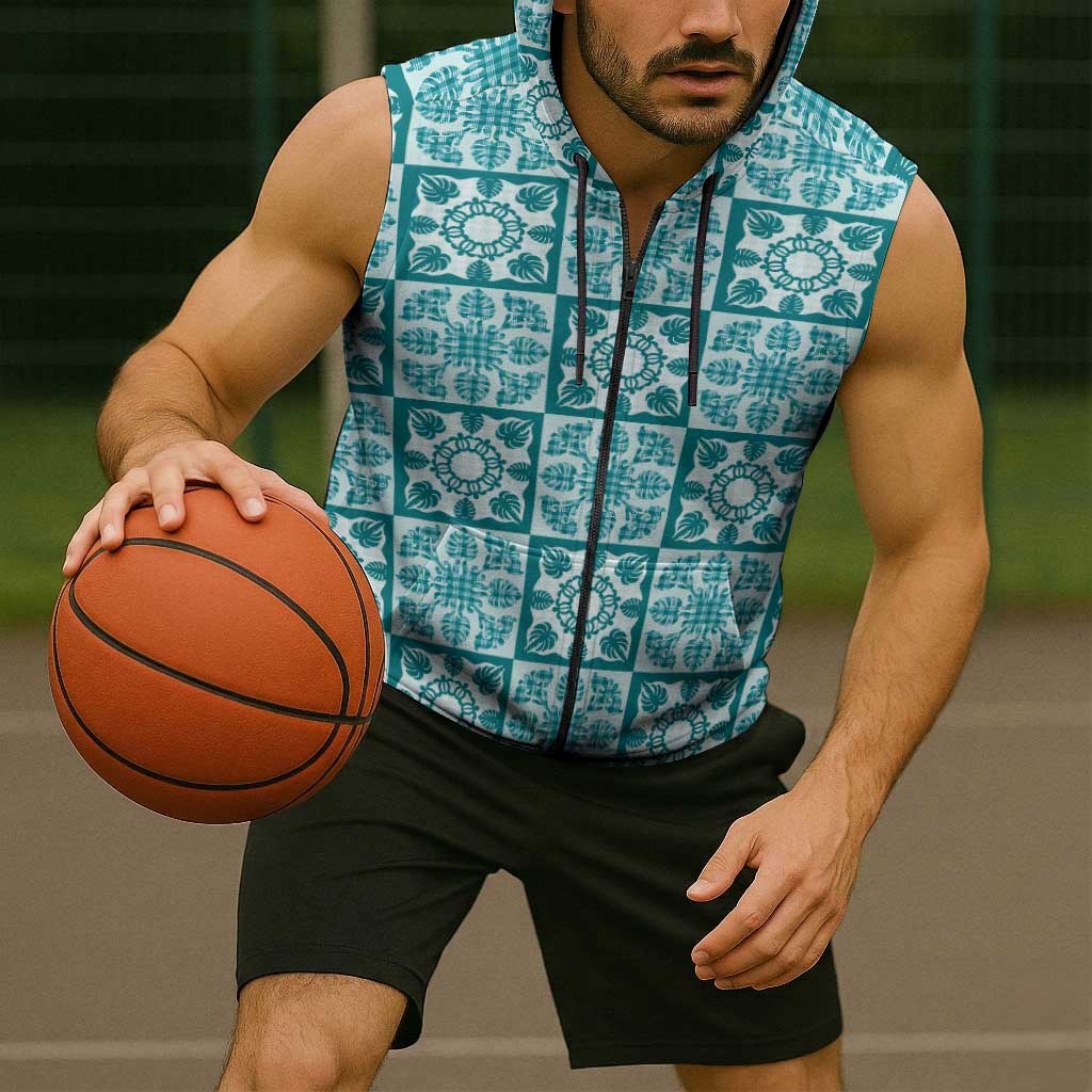 Cyan Palaka Quilt Hawaii Sleeveless Zip Hoodie Hawaiian Tropical Monstera Sea Turtle LT14 - Polynesian Pride
