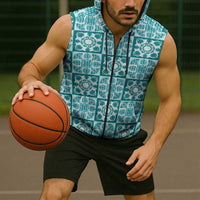 Cyan Palaka Quilt Hawaii Sleeveless Zip Hoodie Hawaiian Tropical Monstera Sea Turtle LT14 - Polynesian Pride