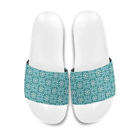 Cyan Palaka Quilt Hawaii Slide Sandals Hawaiian Tropical Monstera Sea Turtle