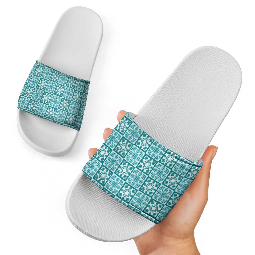 Cyan Palaka Quilt Hawaii Slide Sandals Hawaiian Tropical Monstera Sea Turtle