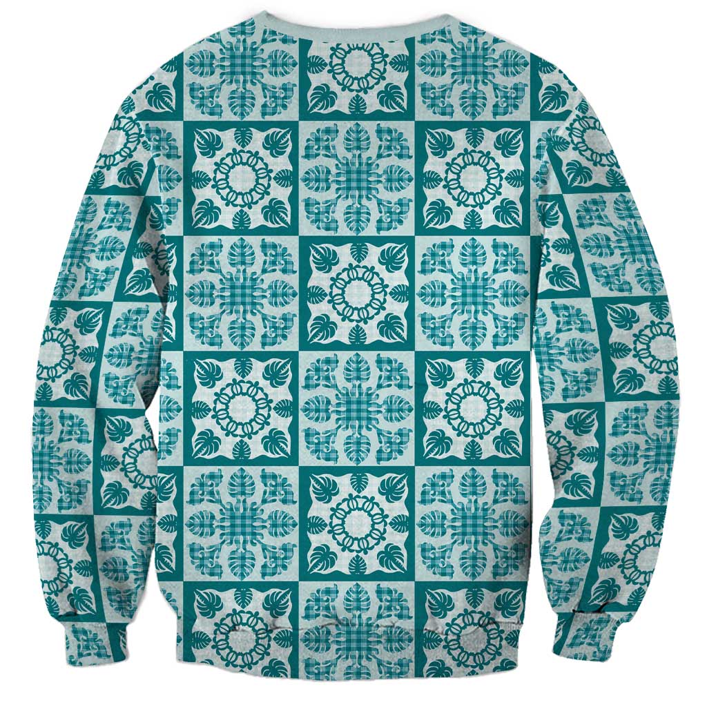 Cyan Palaka Quilt Hawaii Sweatshirt Hawaiian Tropical Monstera Sea Turtle LT14 - Polynesian Pride