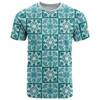 Cyan Palaka Quilt Hawaii T Shirt Hawaiian Tropical Monstera Sea Turtle