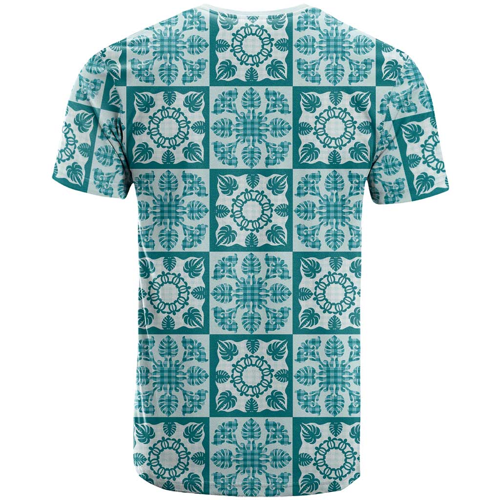 Cyan Palaka Quilt Hawaii T Shirt Hawaiian Tropical Monstera Sea Turtle