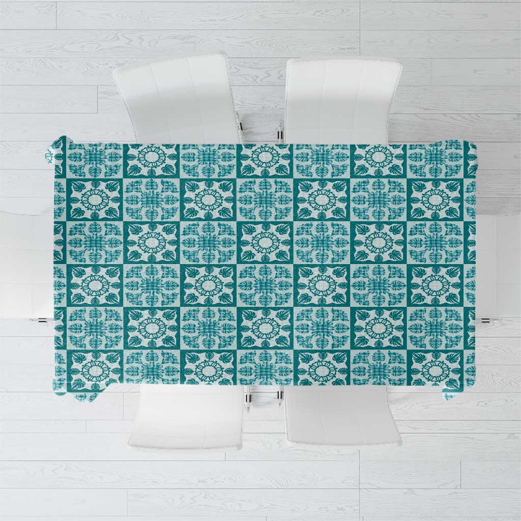 Cyan Palaka Quilt Hawaii Tablecloth Hawaiian Tropical Monstera Sea Turtle