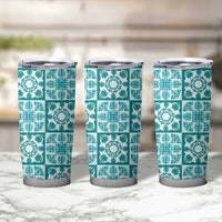 Cyan Palaka Quilt Hawaii Tumbler Cup Hawaiian Tropical Monstera Sea Turtle