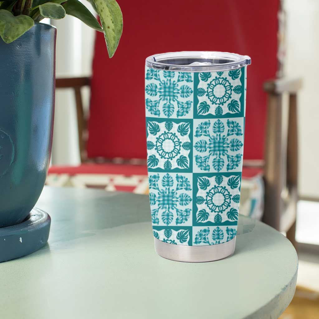 Cyan Palaka Quilt Hawaii Tumbler Cup Hawaiian Tropical Monstera Sea Turtle