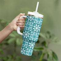 Cyan Palaka Quilt Hawaii Tumbler With Handle Hawaiian Tropical Monstera Sea Turtle