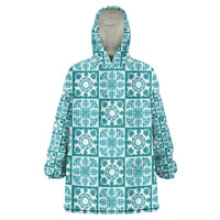 Cyan Palaka Quilt Hawaii Wearable Blanket Hoodie Hawaiian Tropical Monstera Sea Turtle LT14 One Size Cyan - Polynesian Pride