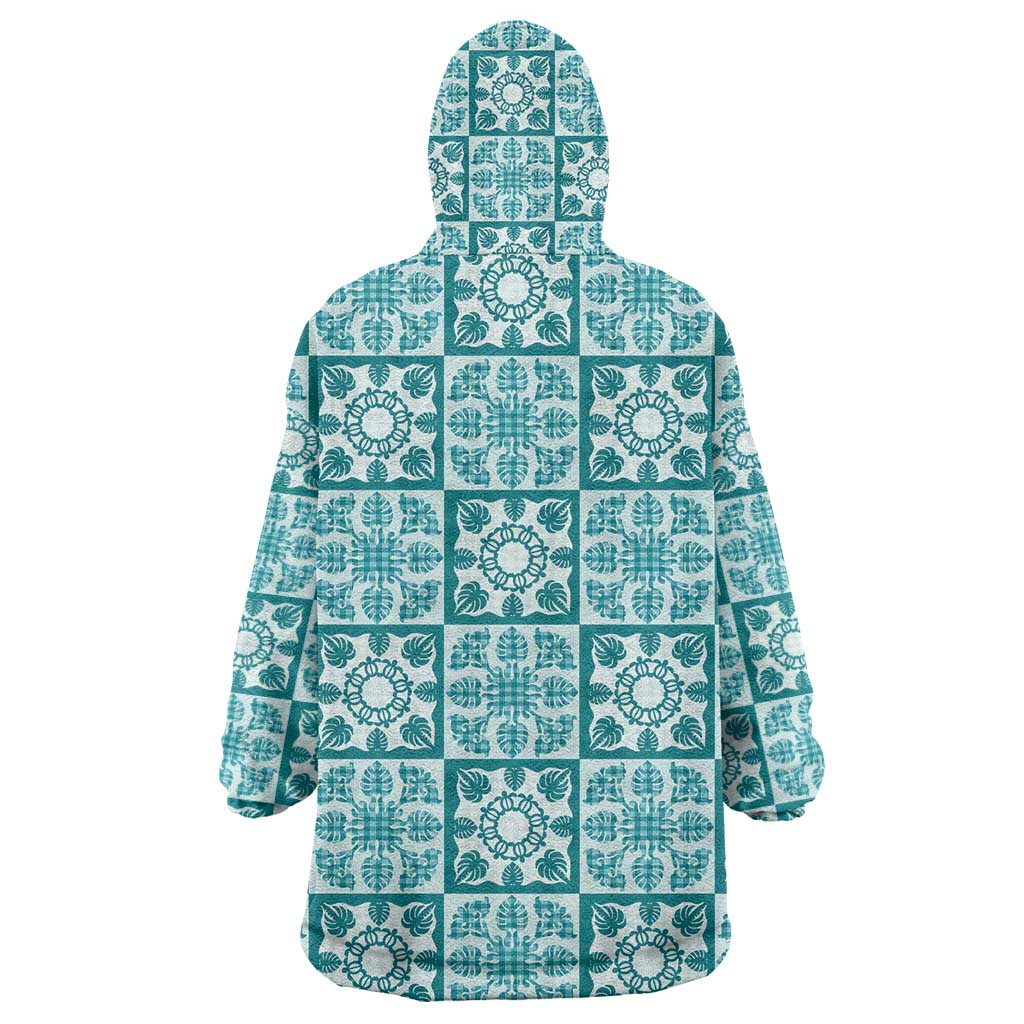Cyan Palaka Quilt Hawaii Wearable Blanket Hoodie Hawaiian Tropical Monstera Sea Turtle LT14 - Polynesian Pride