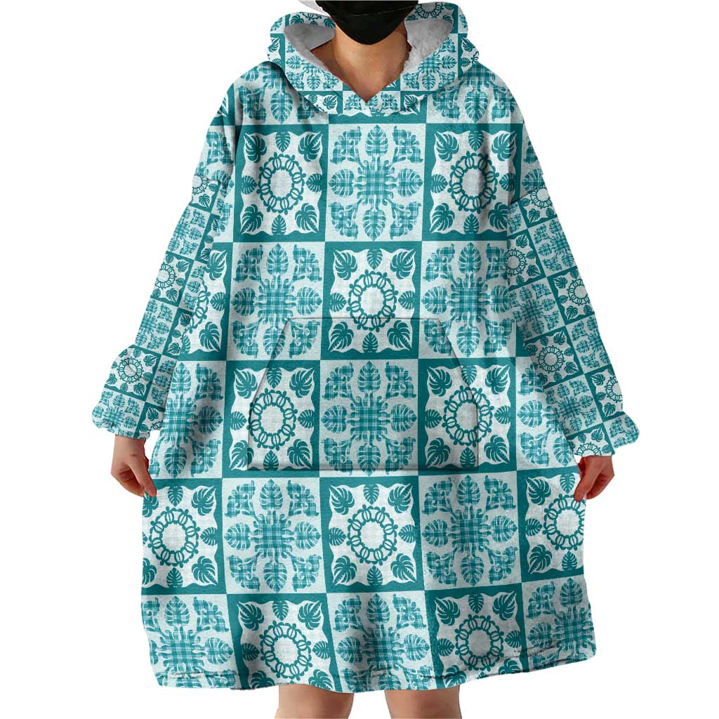 Cyan Palaka Quilt Hawaii Wearable Blanket Hoodie Hawaiian Tropical Monstera Sea Turtle LT14 - Polynesian Pride