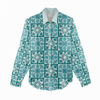 Cyan Palaka Quilt Hawaii Women Casual Shirt Hawaiian Tropical Monstera Sea Turtle LT14 - Polynesian Pride