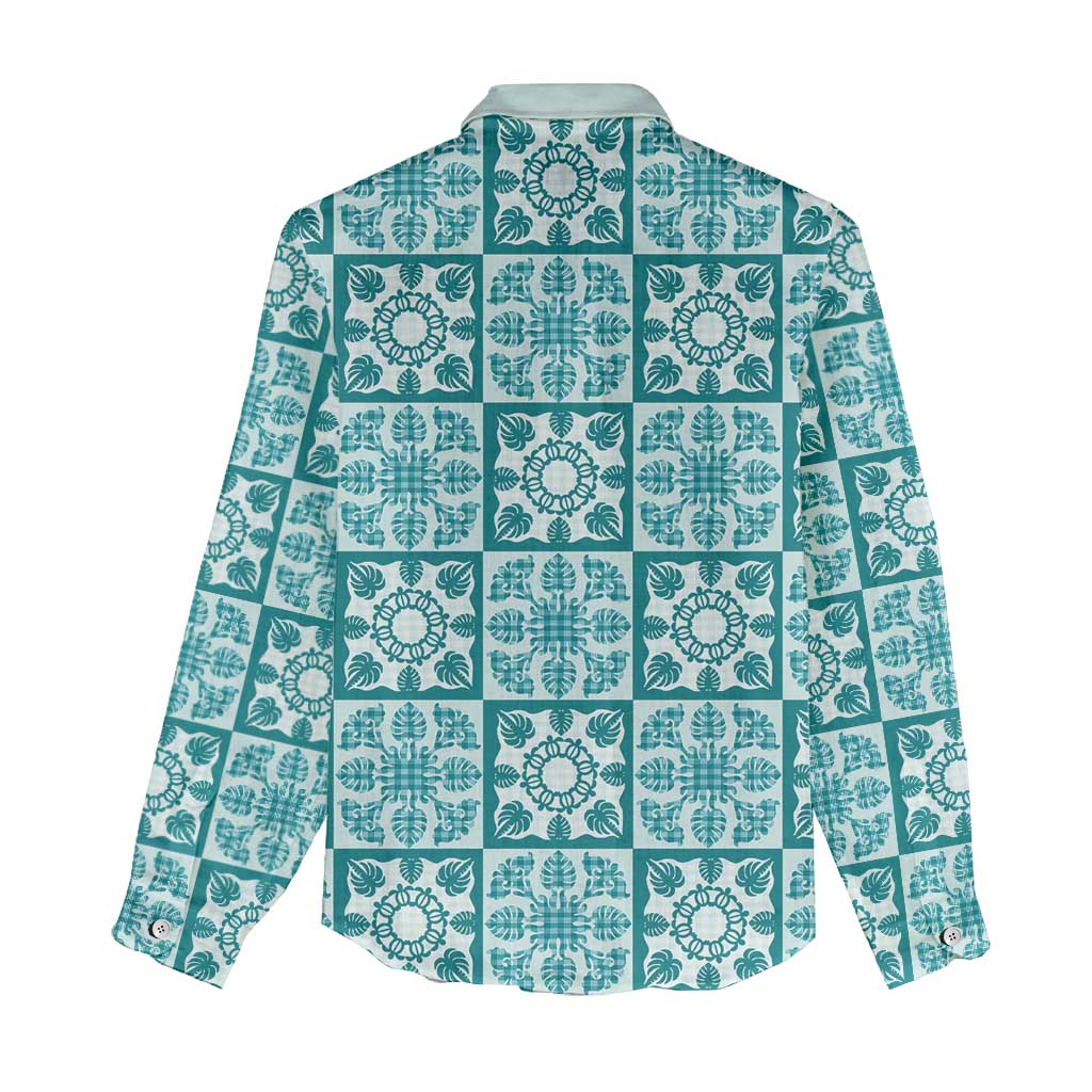 Cyan Palaka Quilt Hawaii Women Casual Shirt Hawaiian Tropical Monstera Sea Turtle LT14 - Polynesian Pride