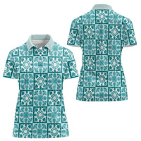 Cyan Palaka Quilt Hawaii Women Polo Shirt Hawaiian Tropical Monstera Sea Turtle LT14 - Polynesian Pride