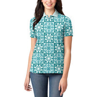 Cyan Palaka Quilt Hawaii Women Polo Shirt Hawaiian Tropical Monstera Sea Turtle LT14 - Polynesian Pride