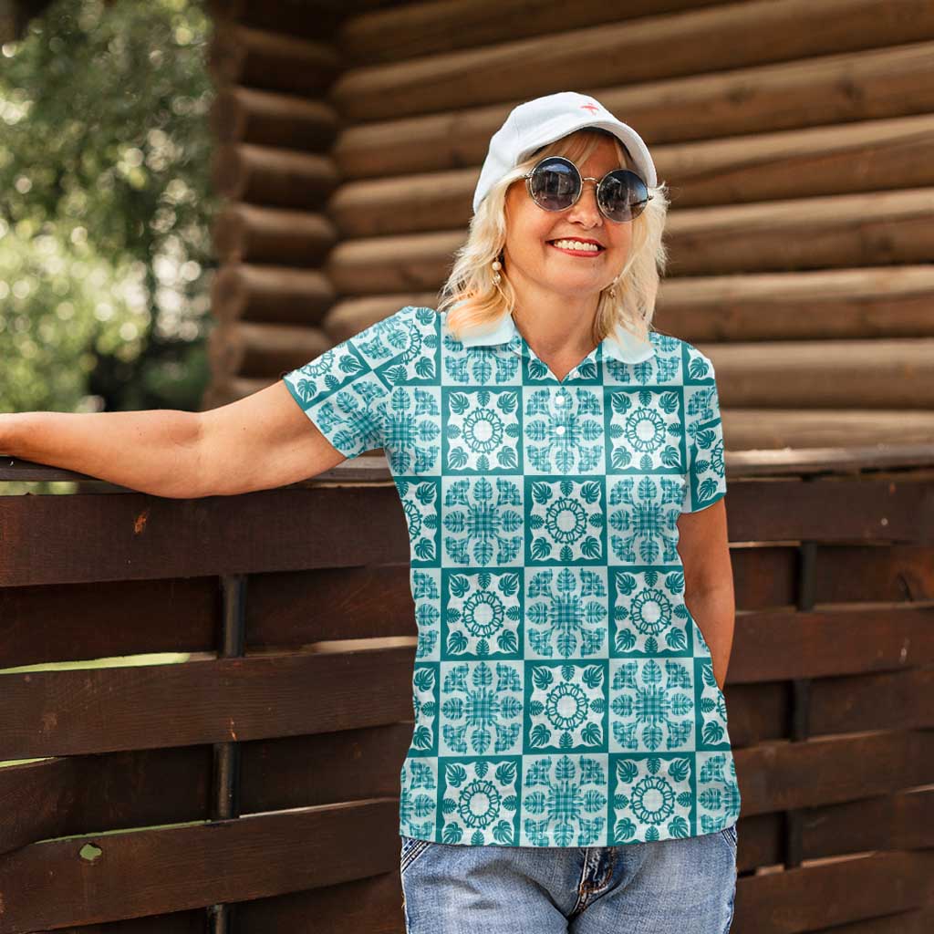 Cyan Palaka Quilt Hawaii Women Polo Shirt Hawaiian Tropical Monstera Sea Turtle LT14 - Polynesian Pride