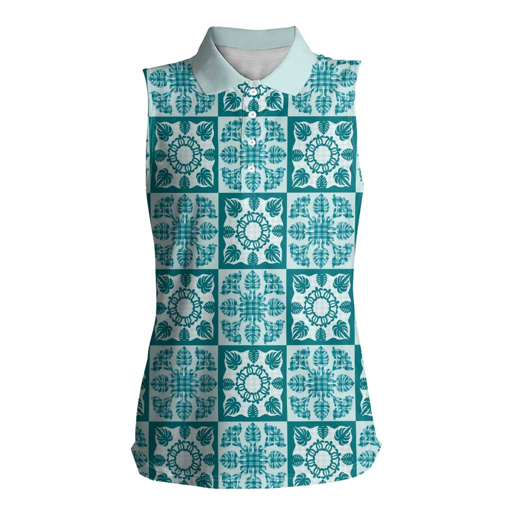 Cyan Palaka Quilt Hawaii Women Sleeveless Polo Shirt Hawaiian Tropical Monstera Sea Turtle LT14 Female Cyan - Polynesian Pride