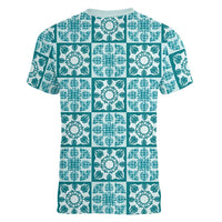 Cyan Palaka Quilt Hawaii Women V-Neck T-Shirt Hawaiian Tropical Monstera Sea Turtle LT14 - Polynesian Pride