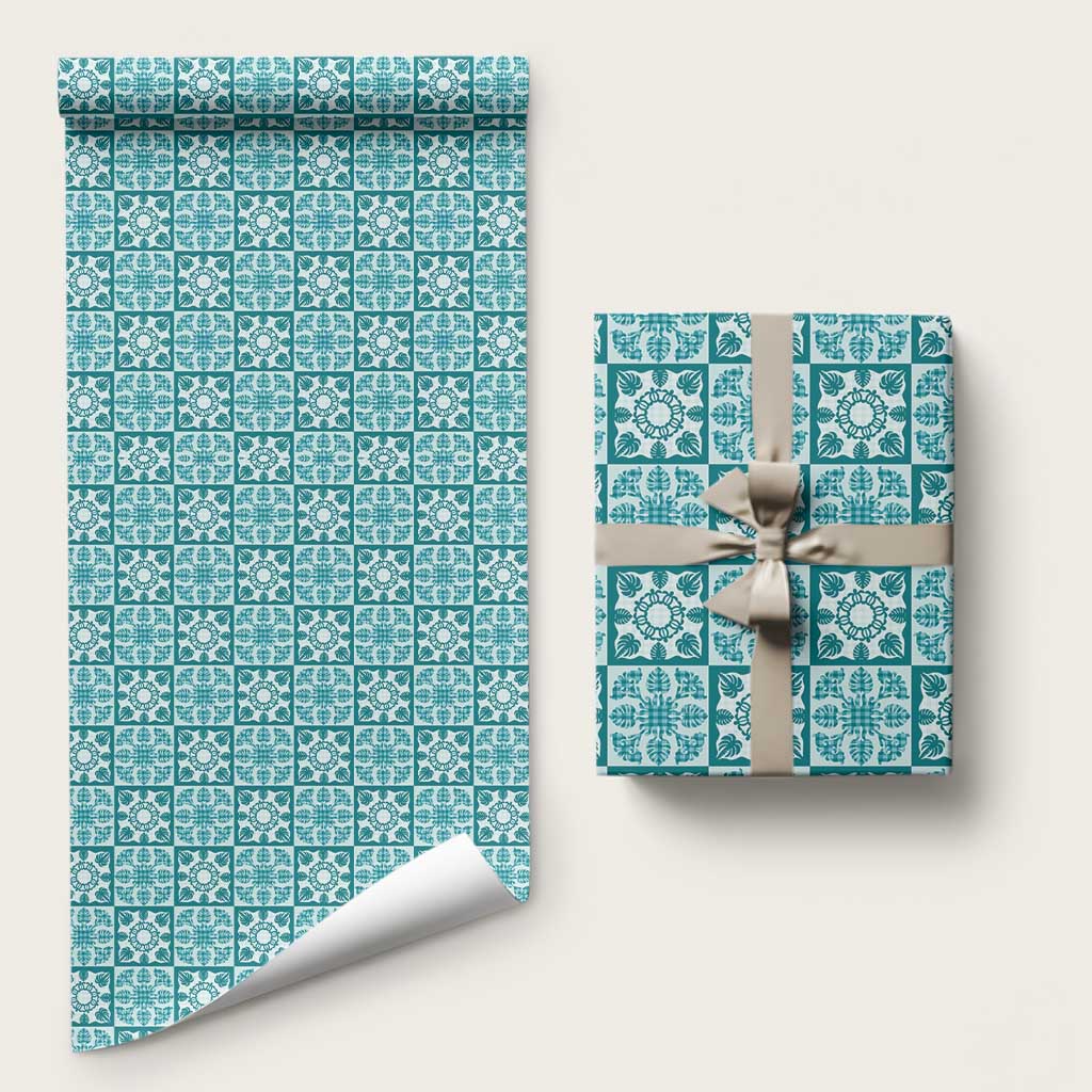 Cyan Palaka Quilt Hawaii Wrapping Paper Hawaiian Tropical Monstera Sea Turtle LT14 58" × 23" Cyan - Polynesian Pride