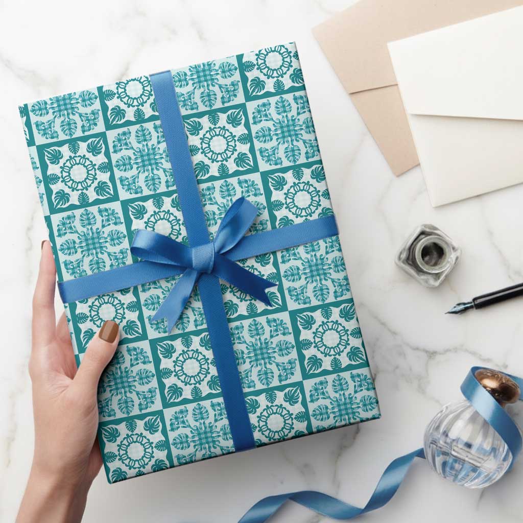 Cyan Palaka Quilt Hawaii Wrapping Paper Hawaiian Tropical Monstera Sea Turtle LT14 - Polynesian Pride
