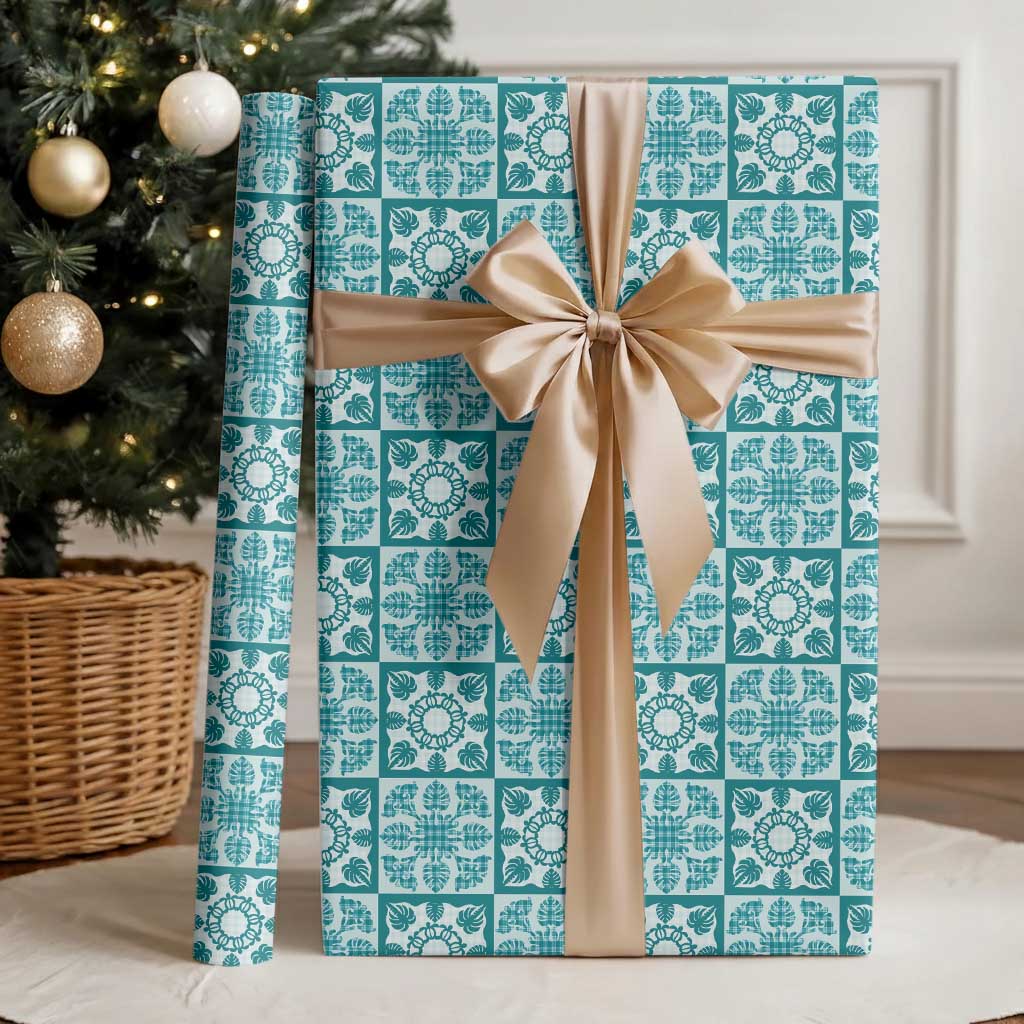 Cyan Palaka Quilt Hawaii Wrapping Paper Hawaiian Tropical Monstera Sea Turtle LT14 - Polynesian Pride