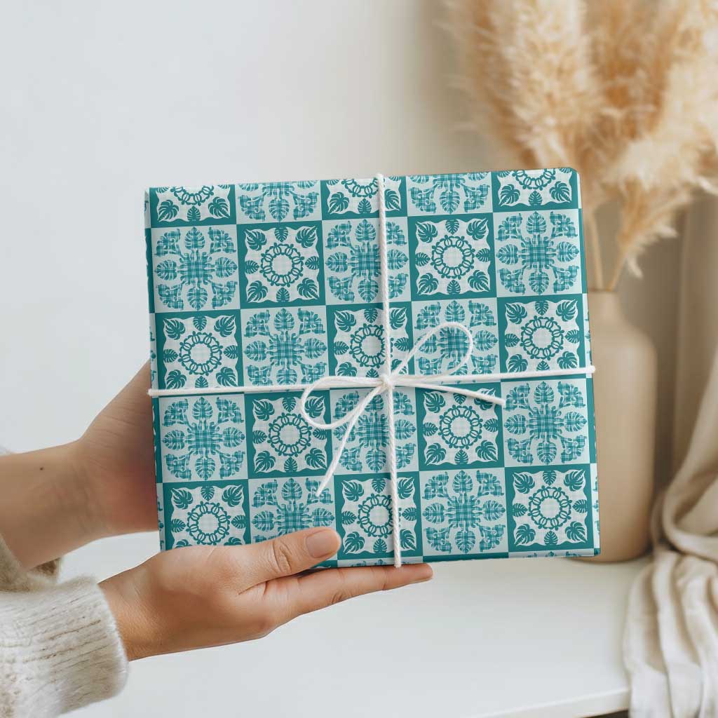 Cyan Palaka Quilt Hawaii Wrapping Paper Hawaiian Tropical Monstera Sea Turtle LT14 - Polynesian Pride