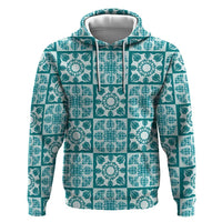 Cyan Palaka Quilt Hawaii Zip Hoodie Hawaiian Tropical Monstera Sea Turtle