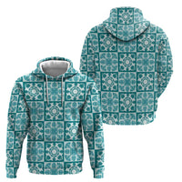 Cyan Palaka Quilt Hawaii Zip Hoodie Hawaiian Tropical Monstera Sea Turtle