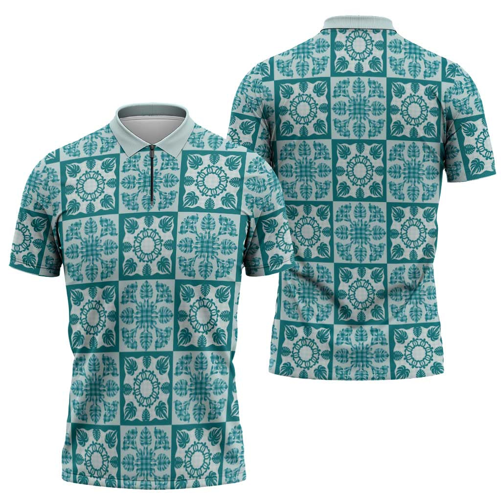Cyan Palaka Quilt Hawaii Zipper Polo Shirt Hawaiian Tropical Monstera Sea Turtle LT14 - Polynesian Pride