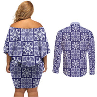 Polu Palaka Quilt Hawaii Couples Matching Off Shoulder Short Dress and Long Sleeve Button Shirt Hawaiian Tropical Monstera Sea Turtle LT14 - Polynesian Pride