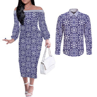 Polu Palaka Quilt Hawaii Couples Matching Off The Shoulder Long Sleeve Dress and Long Sleeve Button Shirt Hawaiian Tropical Monstera Sea Turtle LT14 Blue - Polynesian Pride