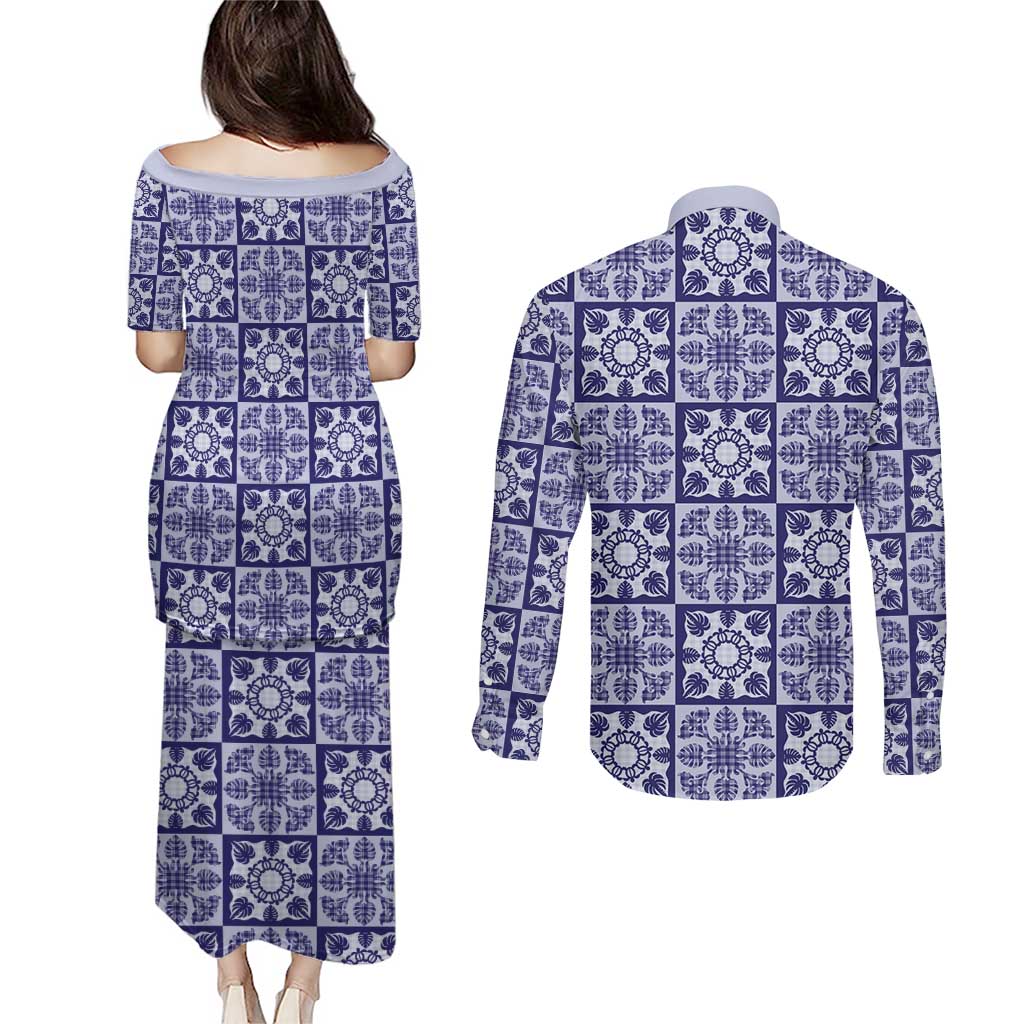 Polu Palaka Quilt Hawaii Couples Matching Puletasi and Long Sleeve Button Shirt Hawaiian Tropical Monstera Sea Turtle LT14 - Polynesian Pride