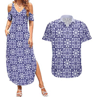 Polu Palaka Quilt Hawaii Couples Matching Summer Maxi Dress and Hawaiian Shirt Hawaiian Tropical Monstera Sea Turtle LT14 Blue - Polynesian Pride