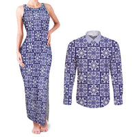 Polu Palaka Quilt Hawaii Couples Matching Tank Maxi Dress and Long Sleeve Button Shirt Hawaiian Tropical Monstera Sea Turtle LT14 Blue - Polynesian Pride