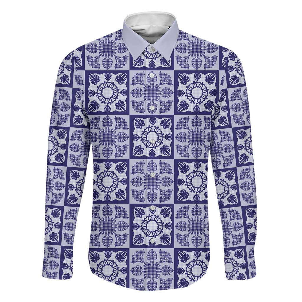 Polu Palaka Quilt Hawaii Family Matching Off Shoulder Maxi Dress and Hawaiian Shirt Hawaiian Tropical Monstera Sea Turtle LT14 Dad's Shirt - Long Sleeve Blue - Polynesian Pride