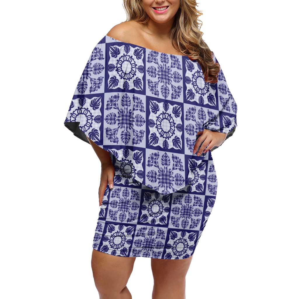 Polu Palaka Quilt Hawaii Family Matching Off Shoulder Short Dress and Hawaiian Shirt Hawaiian Tropical Monstera Sea Turtle LT14 Mom's Dress Blue - Polynesian Pride