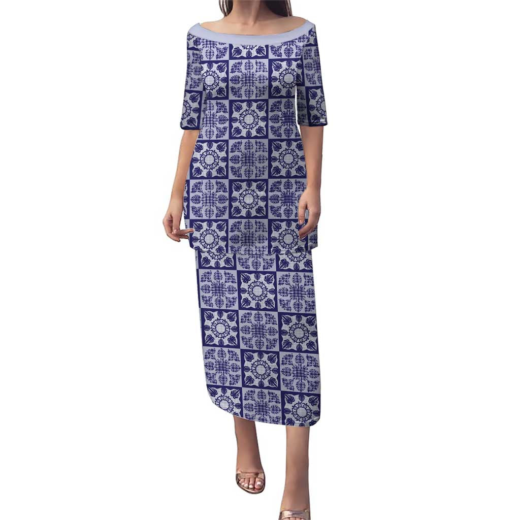 Polu Palaka Quilt Hawaii Family Matching Puletasi and Hawaiian Shirt Hawaiian Tropical Monstera Sea Turtle LT14 Mom's Dress Blue - Polynesian Pride