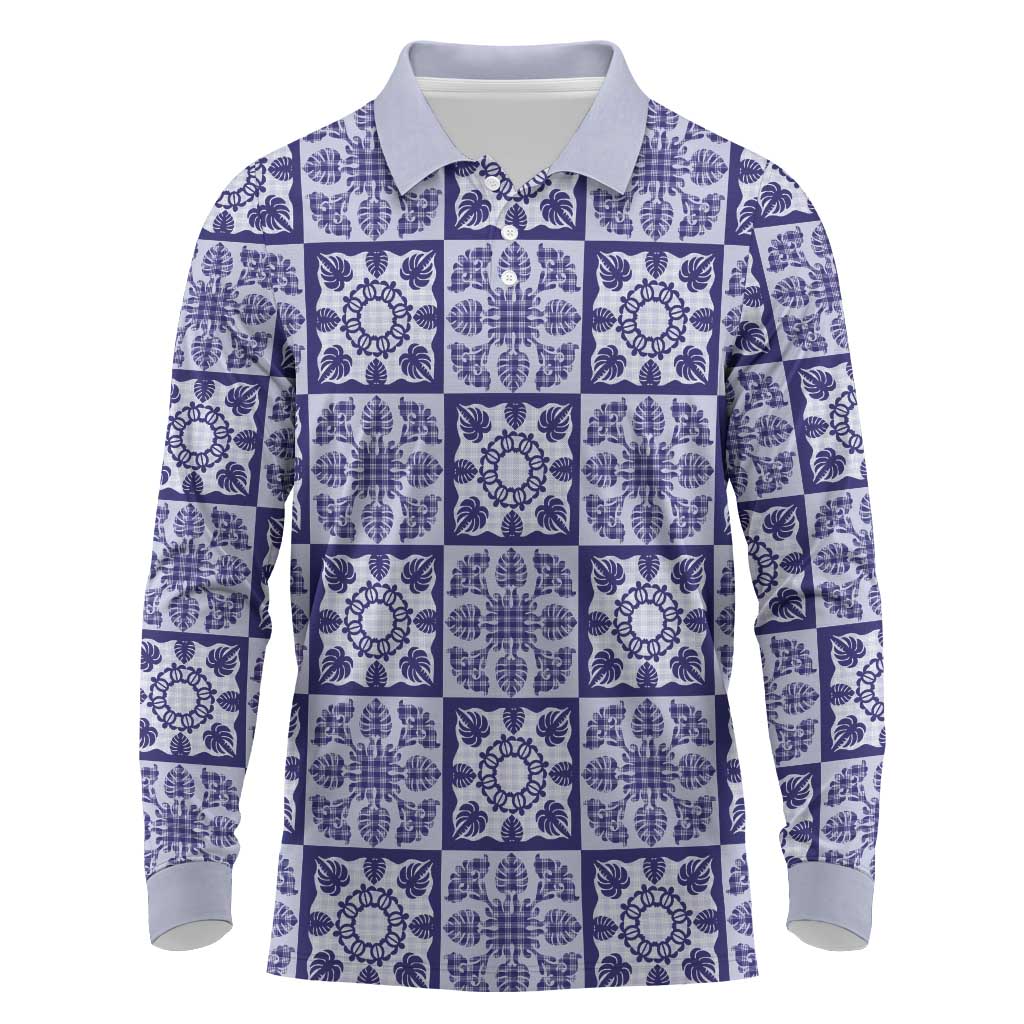 Polu Palaka Quilt Hawaii Long Sleeve Polo Shirt Hawaiian Tropical Monstera Sea Turtle LT14 Blue - Polynesian Pride