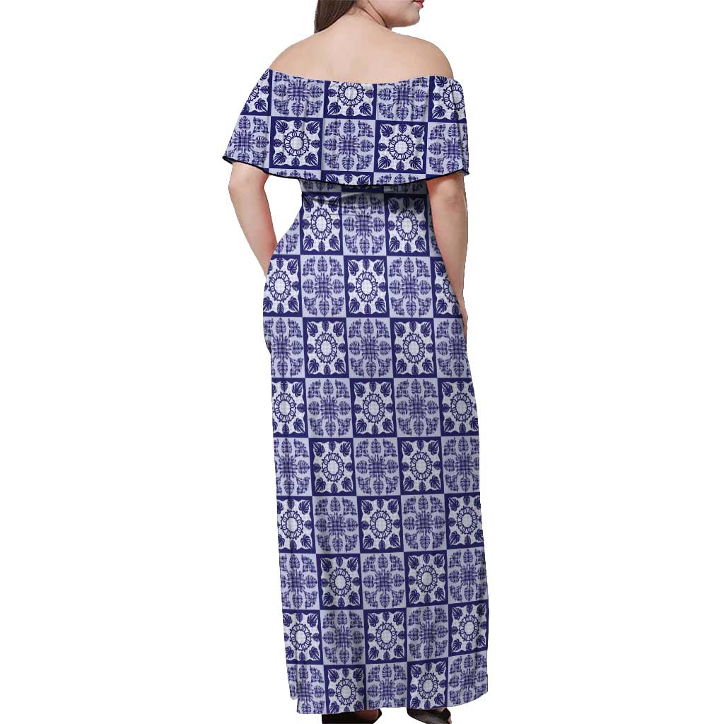 Polu Palaka Quilt Hawaii Off Shoulder Maxi Dress Hawaiian Tropical Monstera Sea Turtle
