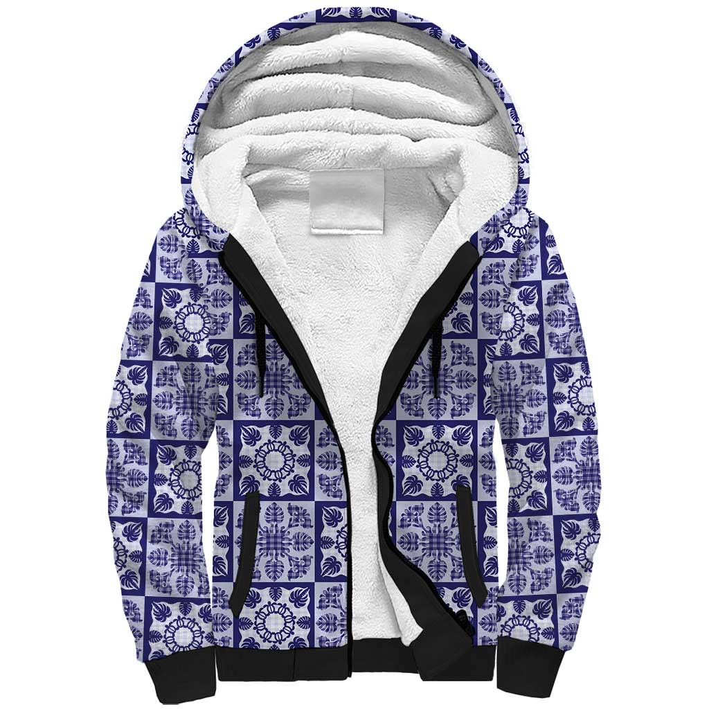 Polu Palaka Quilt Hawaii Sherpa Hoodie Hawaiian Tropical Monstera Sea Turtle
