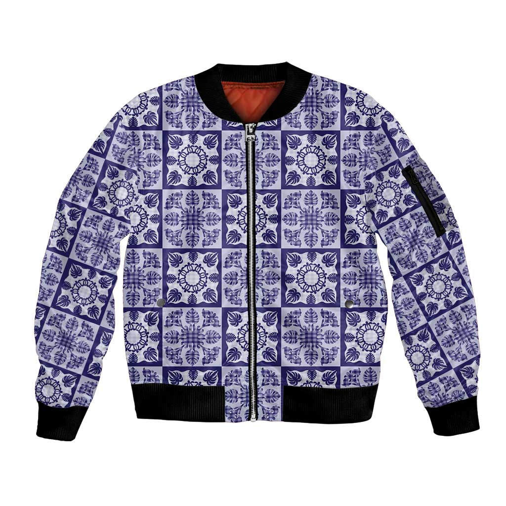 Polu Palaka Quilt Hawaii Sleeve Zip Bomber Jacket Hawaiian Tropical Monstera Sea Turtle LT14 Unisex Blue - Polynesian Pride
