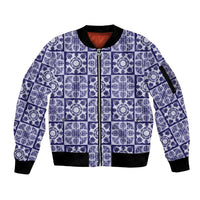 Polu Palaka Quilt Hawaii Sleeve Zip Bomber Jacket Hawaiian Tropical Monstera Sea Turtle LT14 Unisex Blue - Polynesian Pride