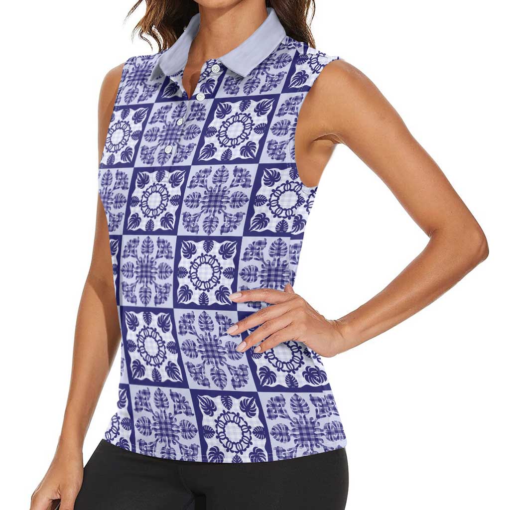 Polu Palaka Quilt Hawaii Women Sleeveless Polo Shirt Hawaiian Tropical Monstera Sea Turtle LT14 - Polynesian Pride