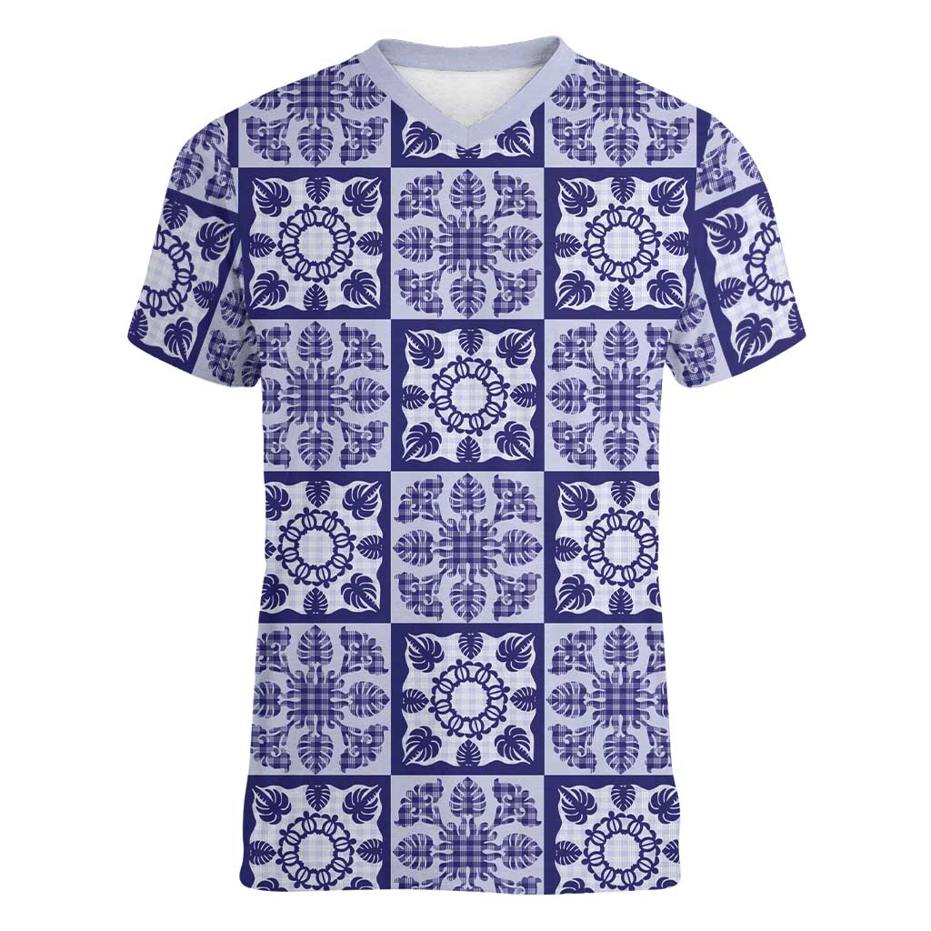 Polu Palaka Quilt Hawaii Women V-Neck T-Shirt Hawaiian Tropical Monstera Sea Turtle LT14 Female Blue - Polynesian Pride