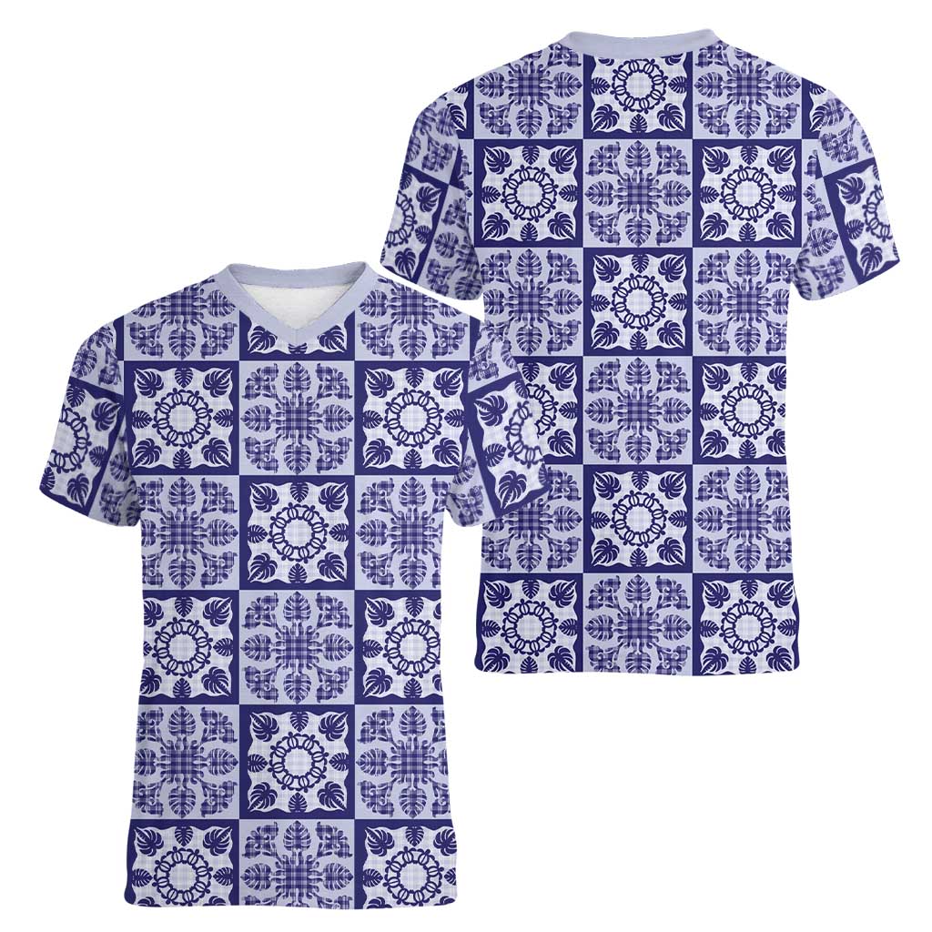 Polu Palaka Quilt Hawaii Women V-Neck T-Shirt Hawaiian Tropical Monstera Sea Turtle LT14 - Polynesian Pride