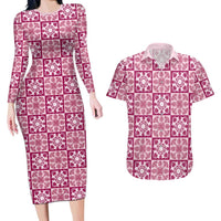 Akala Palaka Quilt Hawaii Couples Matching Long Sleeve Bodycon Dress and Hawaiian Shirt Hawaiian Tropical Monstera Sea Turtle LT14 Pink - Polynesian Pride