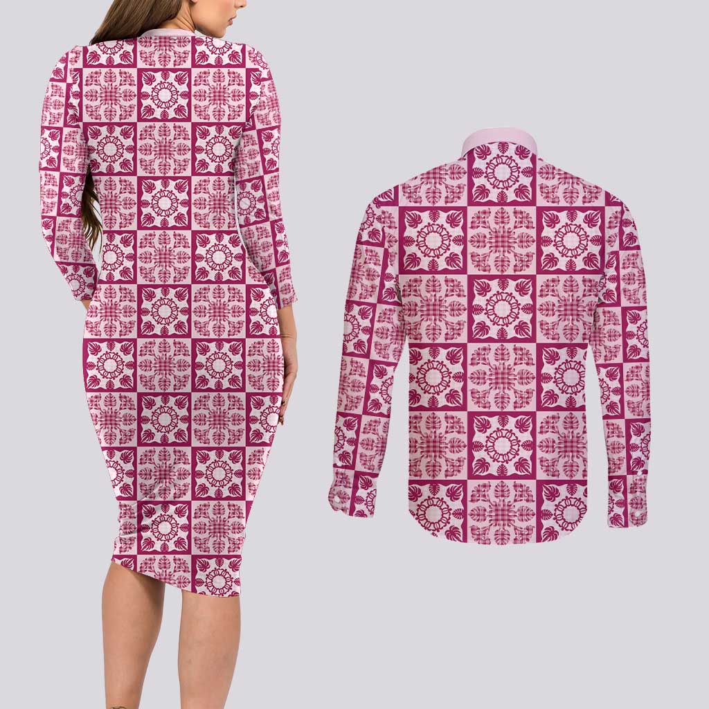 Akala Palaka Quilt Hawaii Couples Matching Long Sleeve Bodycon Dress and Long Sleeve Button Shirt Hawaiian Tropical Monstera Sea Turtle LT14 - Polynesian Pride